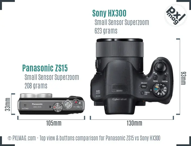 Panasonic ZS15 vs Sony HX300 top view buttons comparison