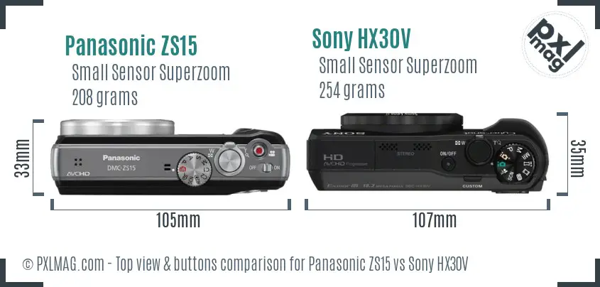 Panasonic ZS15 vs Sony HX30V top view buttons comparison Panasonic ZS15 vs Sony HX30V top view buttons comparison