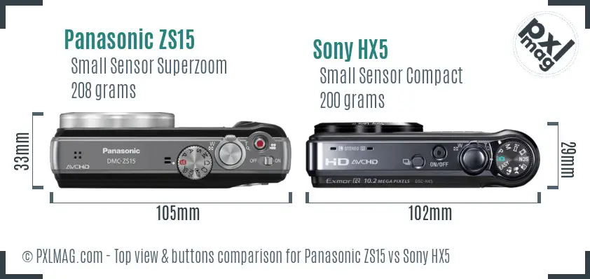 Panasonic ZS15 vs Sony HX5 top view buttons comparison