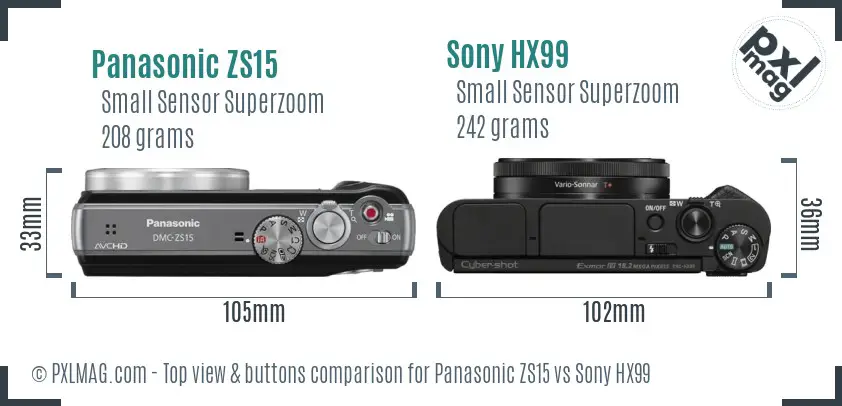 Panasonic ZS15 vs Sony HX99 top view buttons comparison