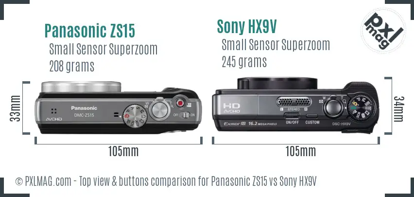 Panasonic ZS15 vs Sony HX9V top view buttons comparison