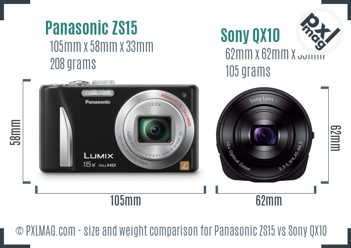 Panasonic ZS15 vs Sony QX10 size comparison