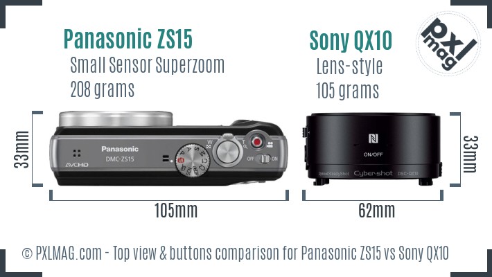 Panasonic ZS15 vs Sony QX10 top view buttons comparison