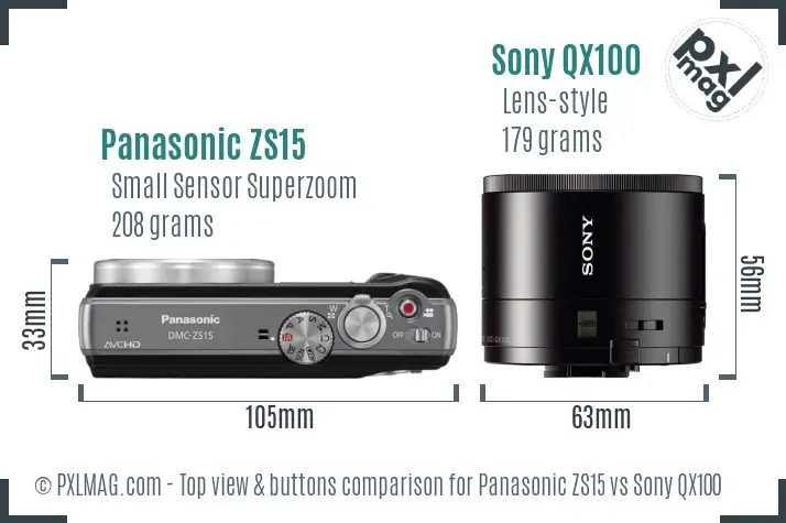 Panasonic ZS15 vs Sony QX100 top view buttons comparison Panasonic ZS15 vs Sony QX100 top view buttons comparison
