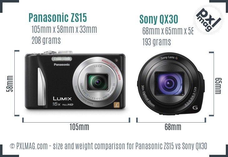 Panasonic ZS15 vs Sony QX30 size comparison