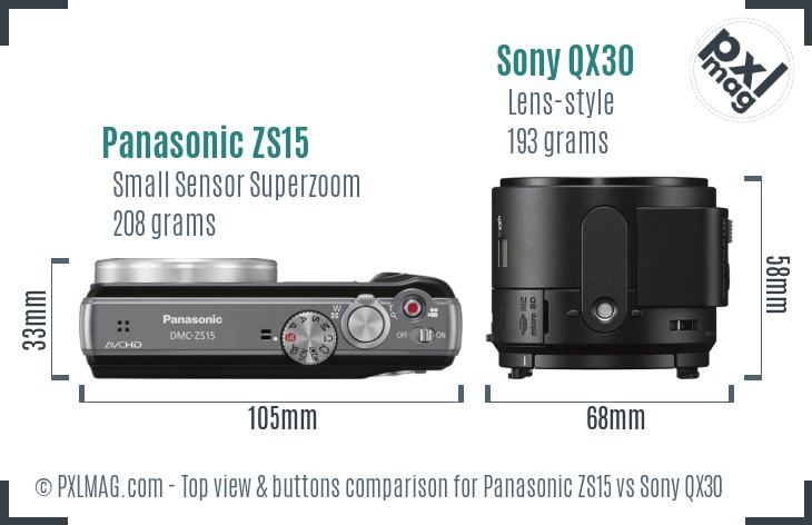 Panasonic ZS15 vs Sony QX30 top view buttons comparison