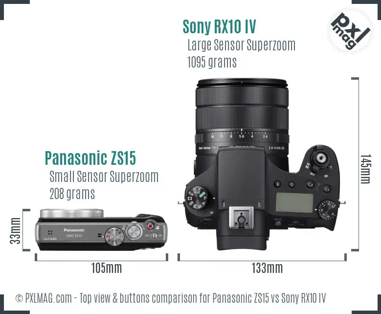 Panasonic ZS15 vs Sony RX10 IV top view buttons comparison Panasonic ZS15 vs Sony RX10 IV top view buttons comparison