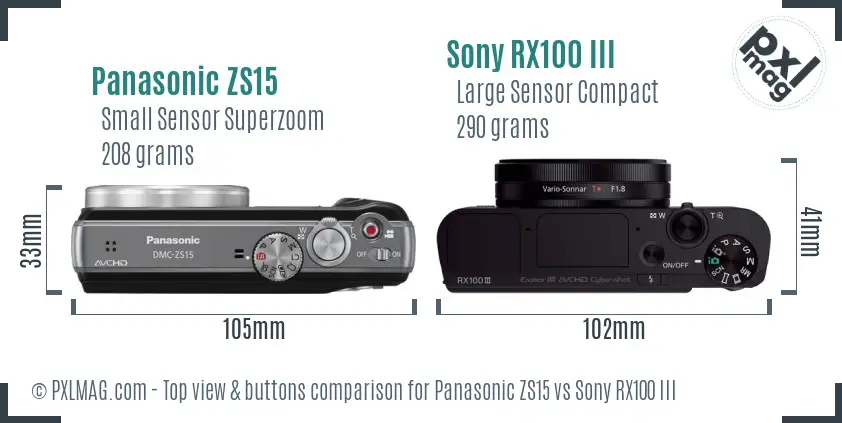 Panasonic ZS15 vs Sony RX100 III top view buttons comparison Panasonic ZS15 vs Sony RX100 III top view buttons comparison
