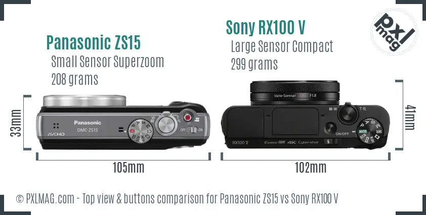 Panasonic ZS15 vs Sony RX100 V top view buttons comparison Panasonic ZS15 vs Sony RX100 V top view buttons comparison