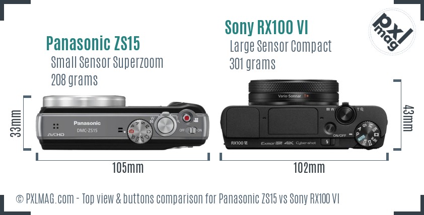 Panasonic ZS15 vs Sony RX100 VI top view buttons comparison
