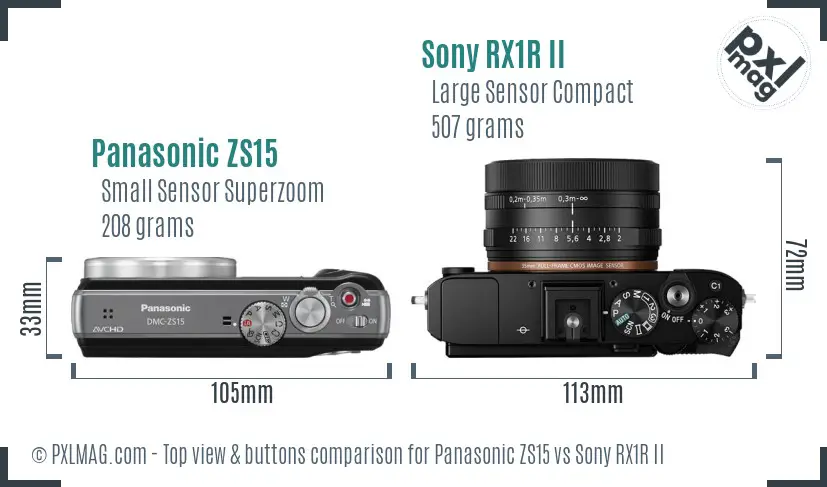Panasonic ZS15 vs Sony RX1R II top view buttons comparison