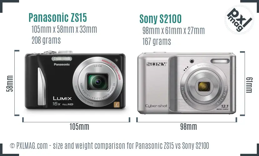 Panasonic ZS15 vs Sony S2100 size comparison
