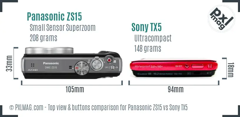 Panasonic ZS15 vs Sony TX5 top view buttons comparison