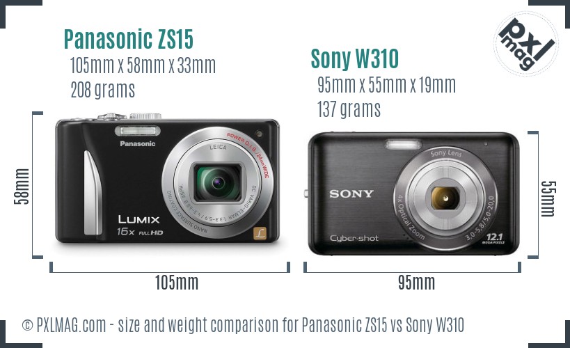Panasonic ZS15 vs Sony W310 size comparison
