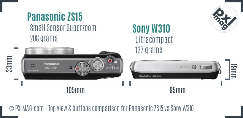 Panasonic ZS15 vs Sony W310 top view buttons comparison