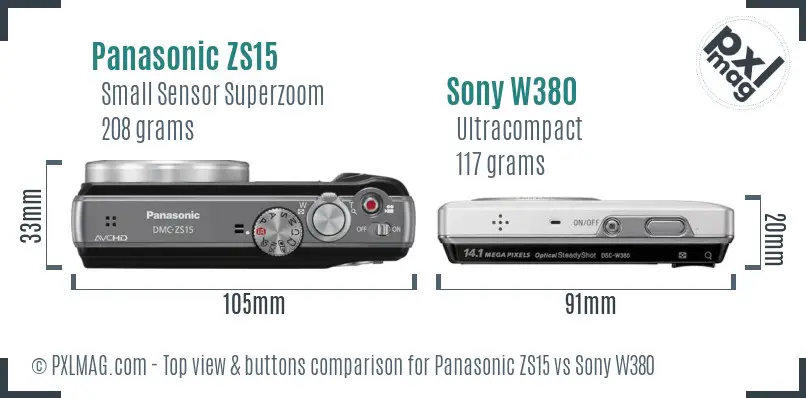 Panasonic ZS15 vs Sony W380 top view buttons comparison
