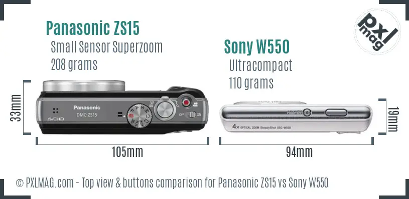 Panasonic ZS15 vs Sony W550 top view buttons comparison