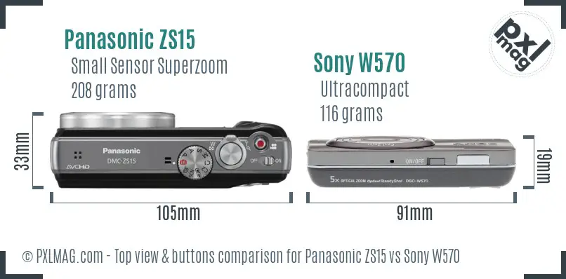 Panasonic ZS15 vs Sony W570 top view buttons comparison Panasonic ZS15 vs Sony W570 top view buttons comparison