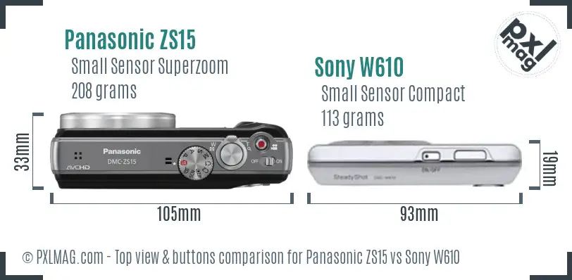 Panasonic ZS15 vs Sony W610 top view buttons comparison Panasonic ZS15 vs Sony W610 top view buttons comparison