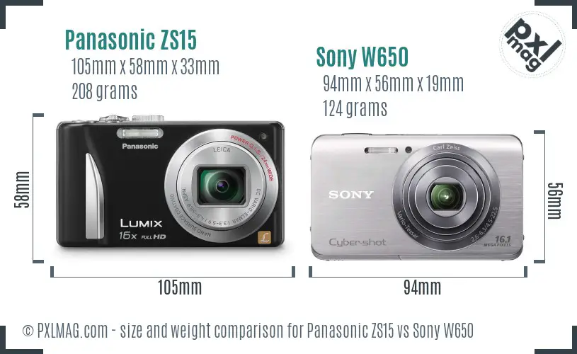 Panasonic ZS15 vs Sony W650 size comparison