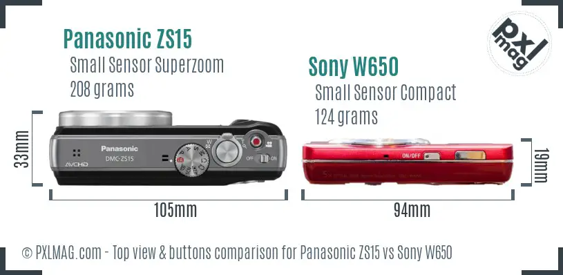 Panasonic ZS15 vs Sony W650 top view buttons comparison