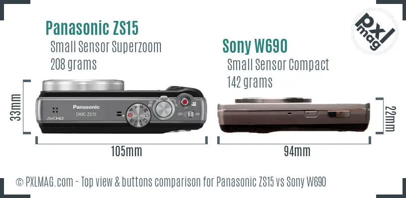 Panasonic ZS15 vs Sony W690 top view buttons comparison