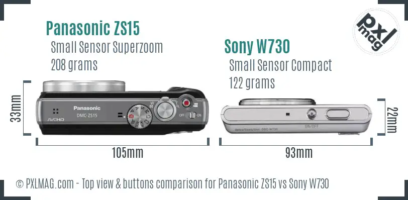 Panasonic ZS15 vs Sony W730 top view buttons comparison