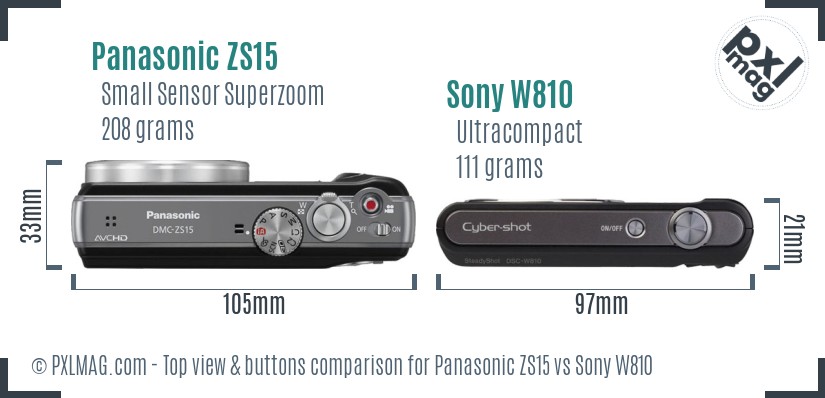 Panasonic ZS15 vs Sony W810 top view buttons comparison