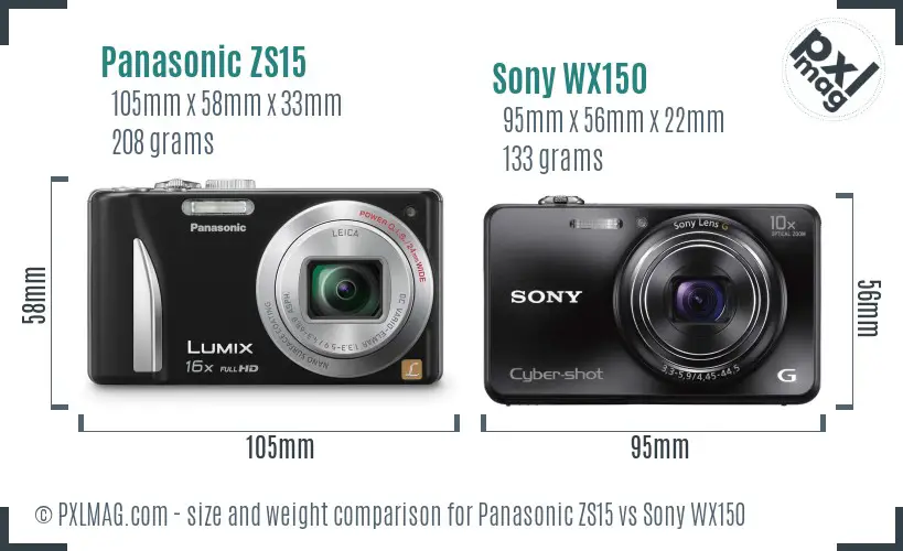 Panasonic ZS15 vs Sony WX150 size comparison