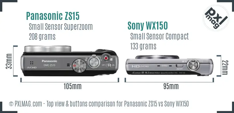 Panasonic ZS15 vs Sony WX150 top view buttons comparison