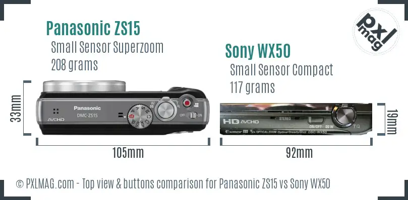 Panasonic ZS15 vs Sony WX50 top view buttons comparison