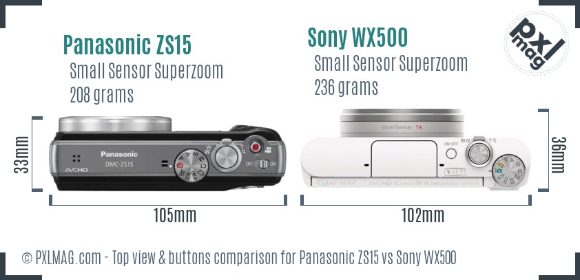 Panasonic ZS15 vs Sony WX500 top view buttons comparison