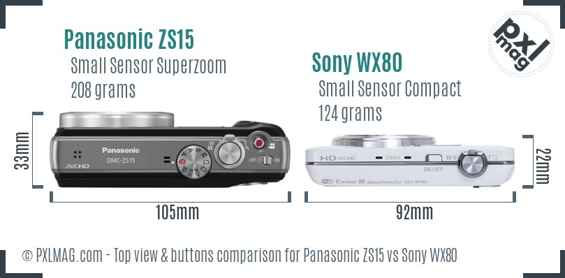 Panasonic ZS15 vs Sony WX80 top view buttons comparison