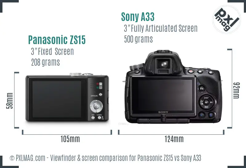 Panasonic ZS15 vs Sony A33 Screen and Viewfinder comparison