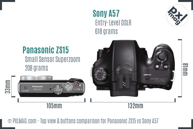Panasonic ZS15 vs Sony A57 top view buttons comparison