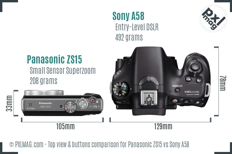 Panasonic ZS15 vs Sony A58 top view buttons comparison Panasonic ZS15 vs Sony A58 top view buttons comparison