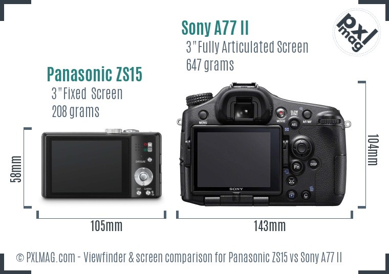 Panasonic ZS15 vs Sony A77 II Screen and Viewfinder comparison