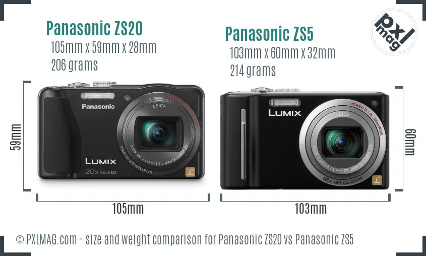 Panasonic ZS20 vs Panasonic ZS5 size comparison