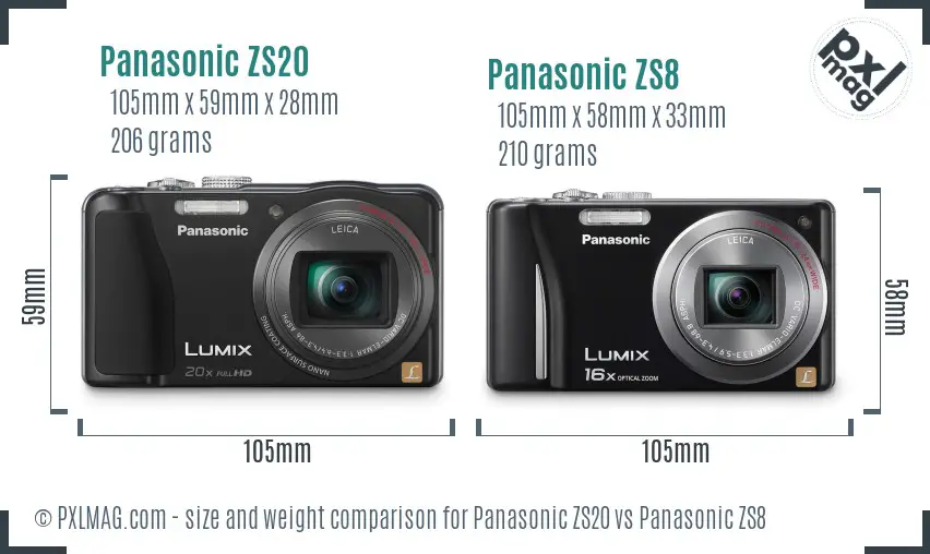 Panasonic ZS20 vs Panasonic ZS8 size comparison