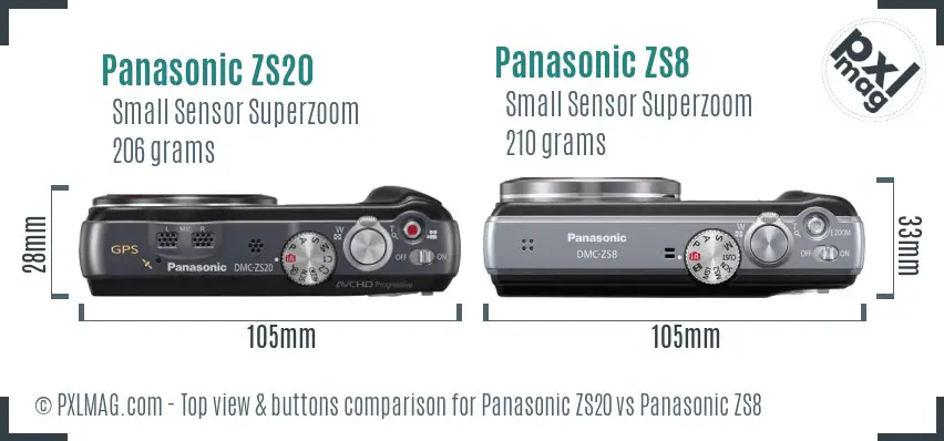 Panasonic ZS20 vs Panasonic ZS8 top view buttons comparison