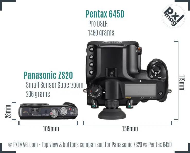 Panasonic ZS20 vs Pentax 645D top view buttons comparison