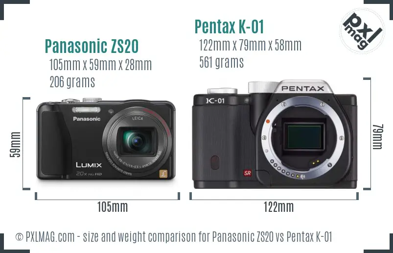 Panasonic ZS20 vs Pentax K-01 size comparison