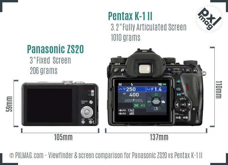 Panasonic ZS20 vs Pentax K-1 II Screen and Viewfinder comparison