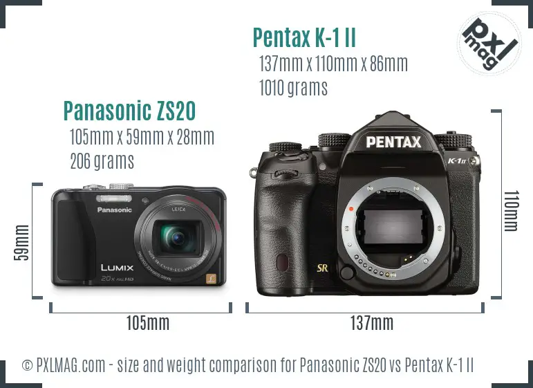 Panasonic ZS20 vs Pentax K-1 II size comparison
