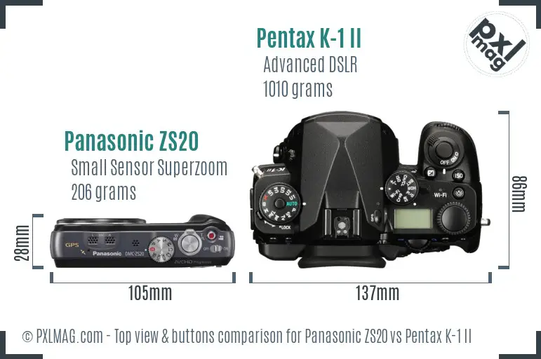 Panasonic ZS20 vs Pentax K-1 II top view buttons comparison