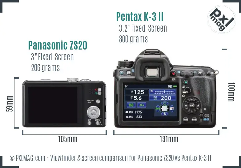 Panasonic ZS20 vs Pentax K-3 II Screen and Viewfinder comparison