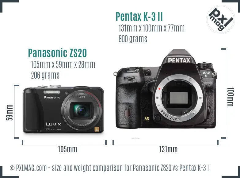 Panasonic ZS20 vs Pentax K-3 II size comparison
