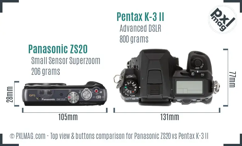 Panasonic ZS20 vs Pentax K-3 II top view buttons comparison