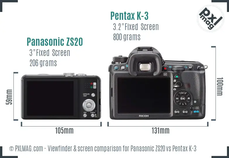 Panasonic ZS20 vs Pentax K-3 Screen and Viewfinder comparison