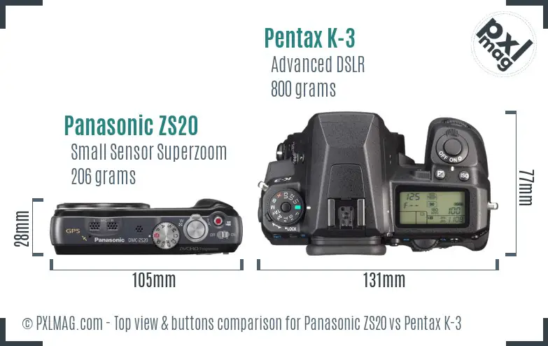 Panasonic ZS20 vs Pentax K-3 top view buttons comparison